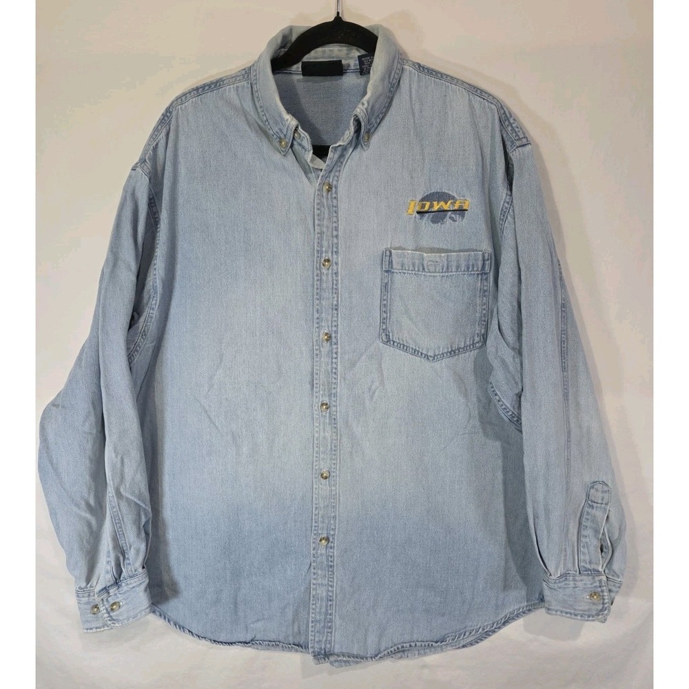 Vintage Iowa Hawkeyes Mens Large Denim Button Up Embroidered Chest Logo Worn In